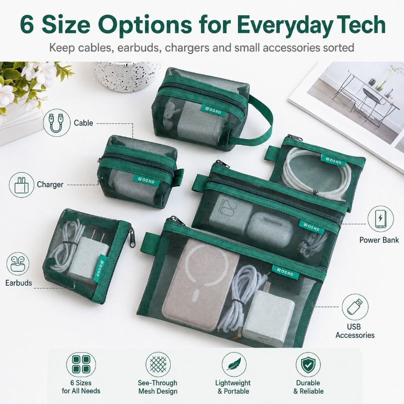 6PCS Mesh Tech Organizer Pouch - Tech Woven Accessories recension och pris